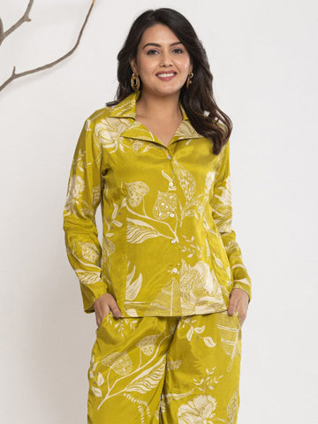 Varanga Women Floral Printed Front Placket Shirt with Flared Palazzo